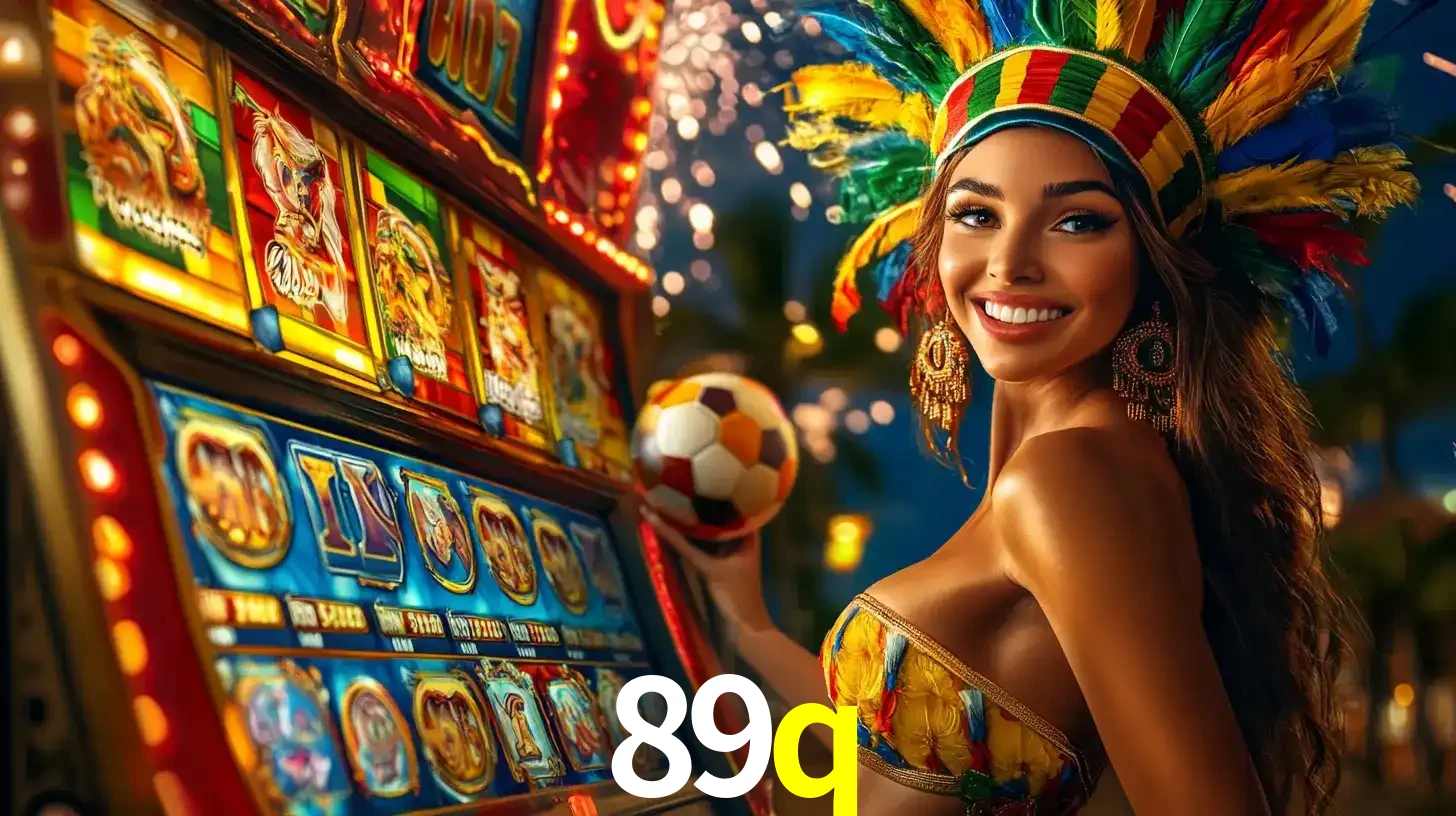 Mulher com um cocar de carnaval ao lado de uma máquina de caça-níqueis enquanto segura uma bola de futebol, mostrando a união da diversão de cassino e esportes no 89q.
