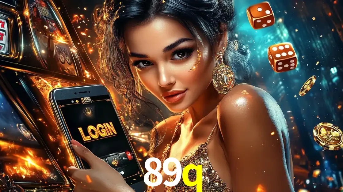 Mulher glamourosa segurando um celular com a tela de login do cassino 89q, rodeada por dados e moedas douradas, pronta para começar a diversão.