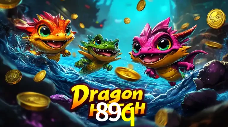 Arte promocional do jogo Dragon Hatch com três adoráveis dragões bebês nadando entre moedas de ouro, um dos slots mais divertidos para jogar no cassino 89q.