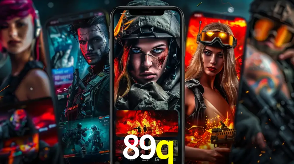 Montagem de telas de celular mostrando diversos personagens, masculinos e femininos, de um jogo de tiro, ilustrando a diversidade de equipes de e-sports para apostar no 89q.