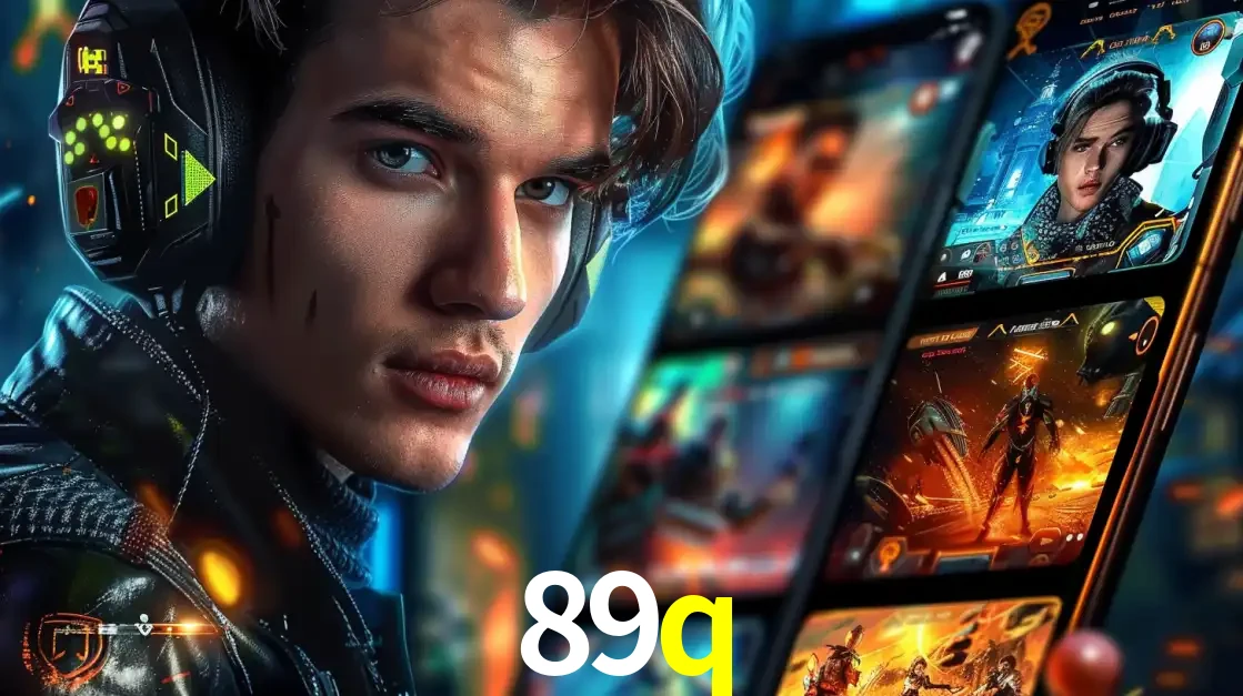 Jovem jogador com fones de ouvido olhando para a câmera, com um aplicativo de jogos e e-sports para celular ao fundo, pronto para a competição e apostas no 89q.