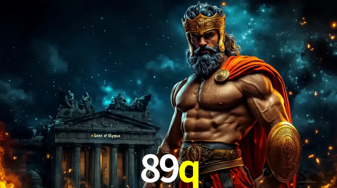 O poderoso Zeus do jogo de slot Gates of Olympus em frente ao seu templo, pronto para lançar multiplicadores divinos e prêmios épicos no cassino online 89q.
