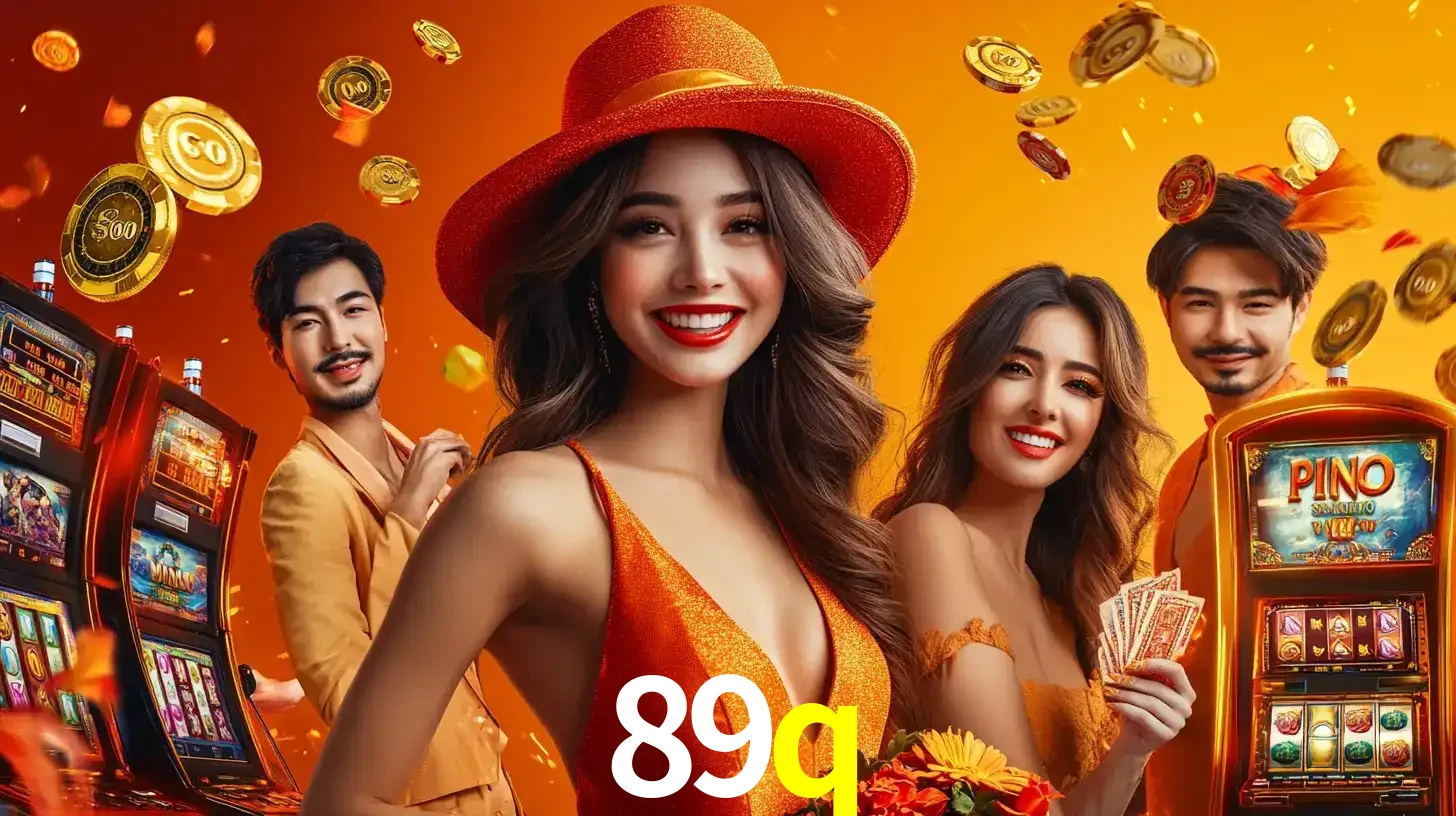 Grupo de amigos asiáticos sorrindo e se divertindo com máquinas de caça-níqueis em um ambiente festivo, celebrando suas vitórias nos jogos de cassino do 89q.