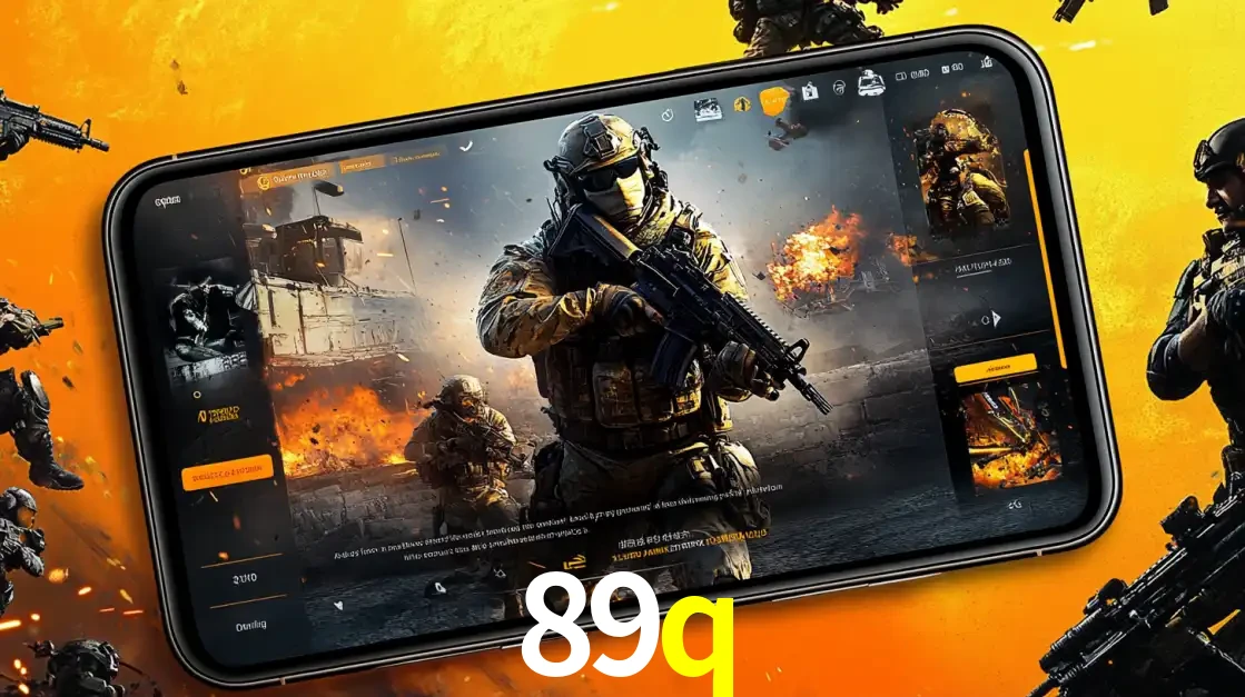 Um smartphone exibindo a interface de um jogo de tiro em primeira pessoa, com um soldado em um cenário de batalha, representando a ação dos e-sports para apostar no 89q.