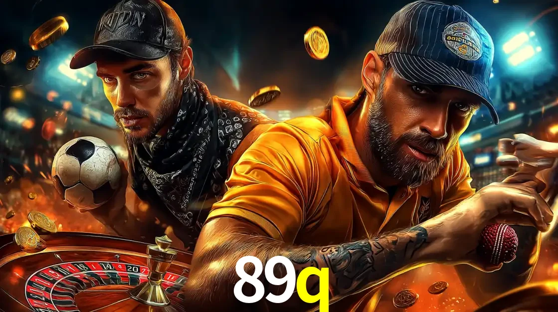 Montagem de apostas esportivas e cassino no 89q, com um homem segurando uma bola de futebol e outro uma de beisebol sobre uma roleta e moedas voadoras.