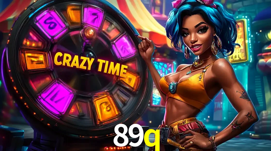 Mulher estilizada com cabelo azul e visual vibrante posando ao lado da roda de prêmios do game show Crazy Time, convidando para a diversão e os bônus do cassino 89q.