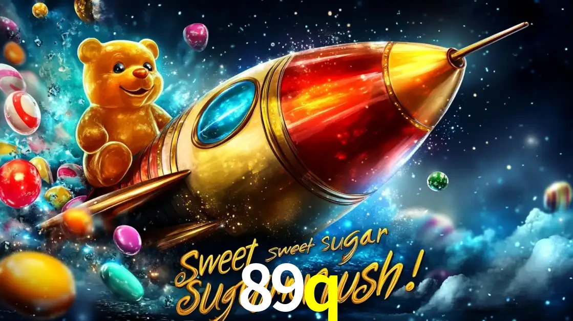 Arte promocional do jogo de slot Sugar Rush, com um urso de pelúcia em um foguete viajando pelo espaço de doces, um dos jogos divertidos disponíveis no cassino 89q.