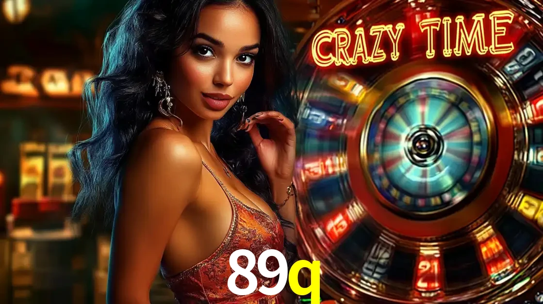 Mulher elegante ao lado da vibrante roda da fortuna do jogo de cassino ao vivo Crazy Time, um dos game shows mais populares e cheios de prêmios do 89q.