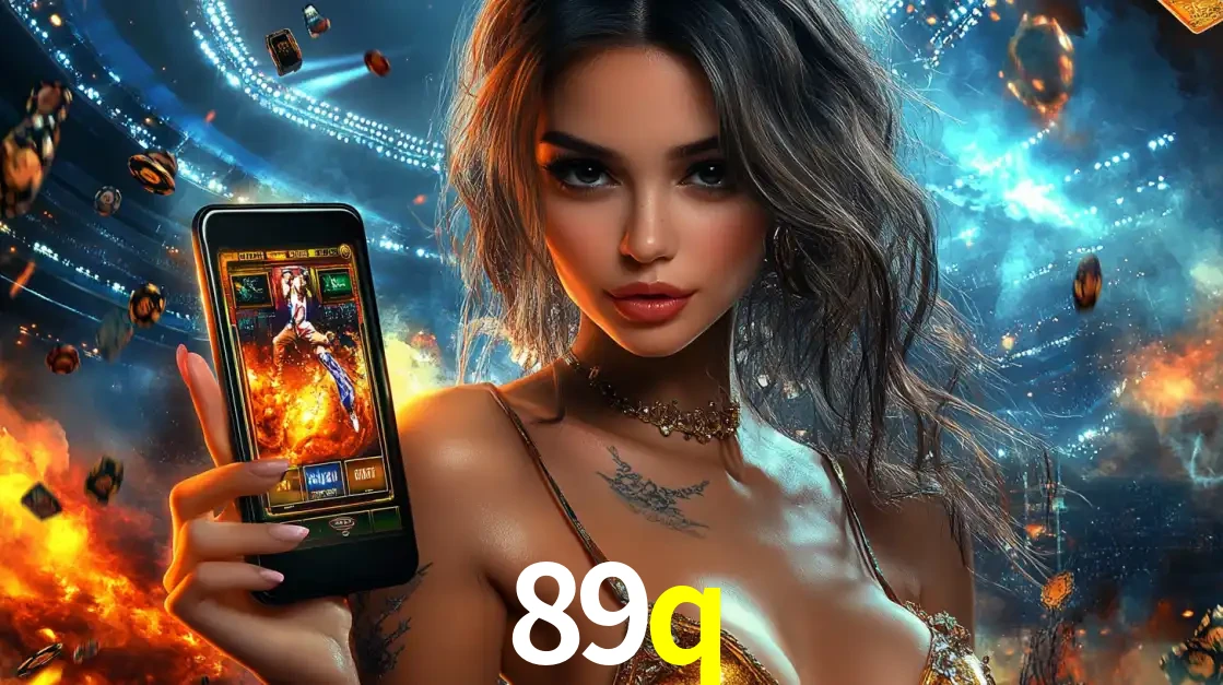 Mulher segurando um celular com um jogo de slot em destaque, tendo como fundo um estádio vibrante, simbolizando a emoção de jogar no cassino móvel 89q.