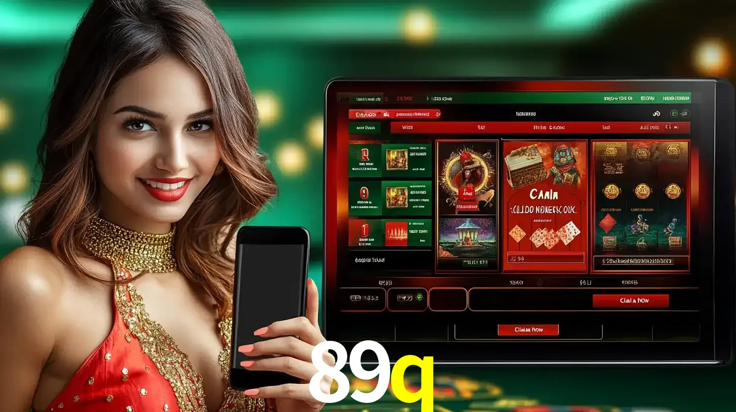 Mulher sorridente segurando um smartphone, ao lado de uma tela exibindo o lobby de jogos do cassino online 89q, com várias opções de jogos de cartas e slots.
